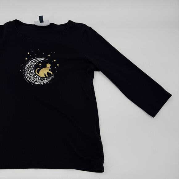 KAREN SCOTT Womens Shiny Cat Moon Shirt Size M Black 3/4 Sleeve Catlady Jersey - Picture 4 of 8